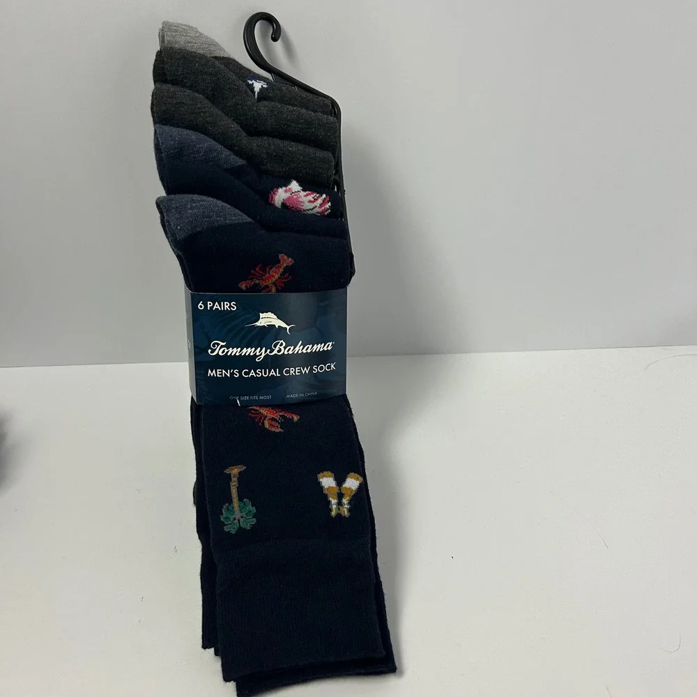 Tommy Bahama Mens 6 Pairs Casual Crew Socks One Size Lobster Palm Tree Navy Gray